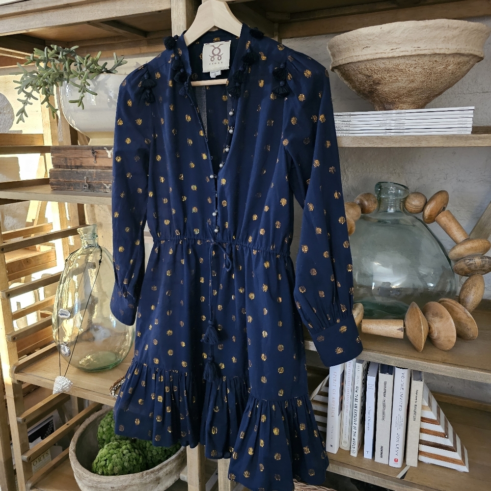 Figue Emma Gold Metallic Jacquard Navy Mini Dress Tassel Trim Sz S Luxe  Boho